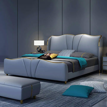 Blue Faux Leather Upholstered Bed Frame Low Profile Platform Bed, Queen